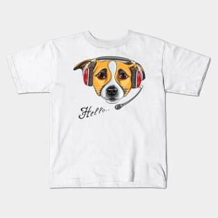 Customer service worker dog Jack Russell Terrier, call center operator with phone headset says Hello Kids T-Shirt